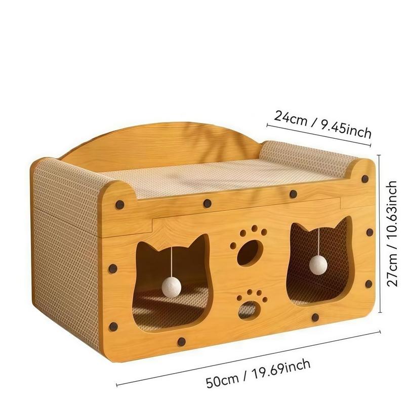Two-in-One Cat Scratcher Bed – Cozy House + Hanging Toys, Quick Assembly