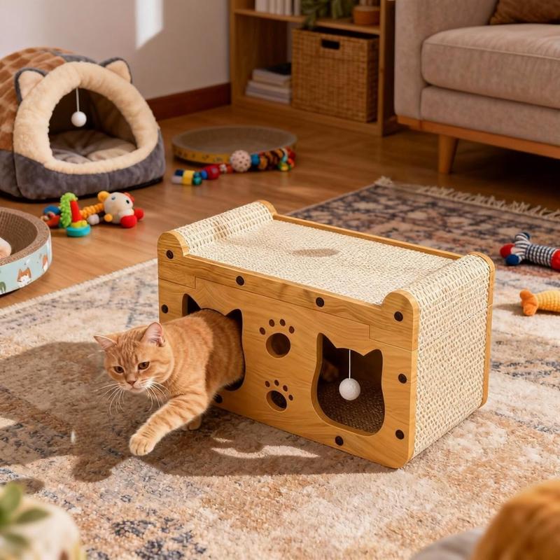 Two-in-One Cat Scratcher Bed – Cozy House + Hanging Toys, Quick Assembly