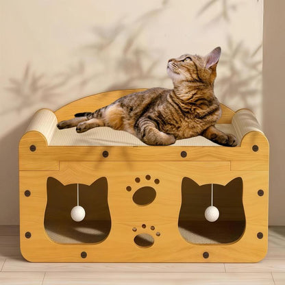 Two-in-One Cat Scratcher Bed – Cozy House + Hanging Toys, Quick Assembly