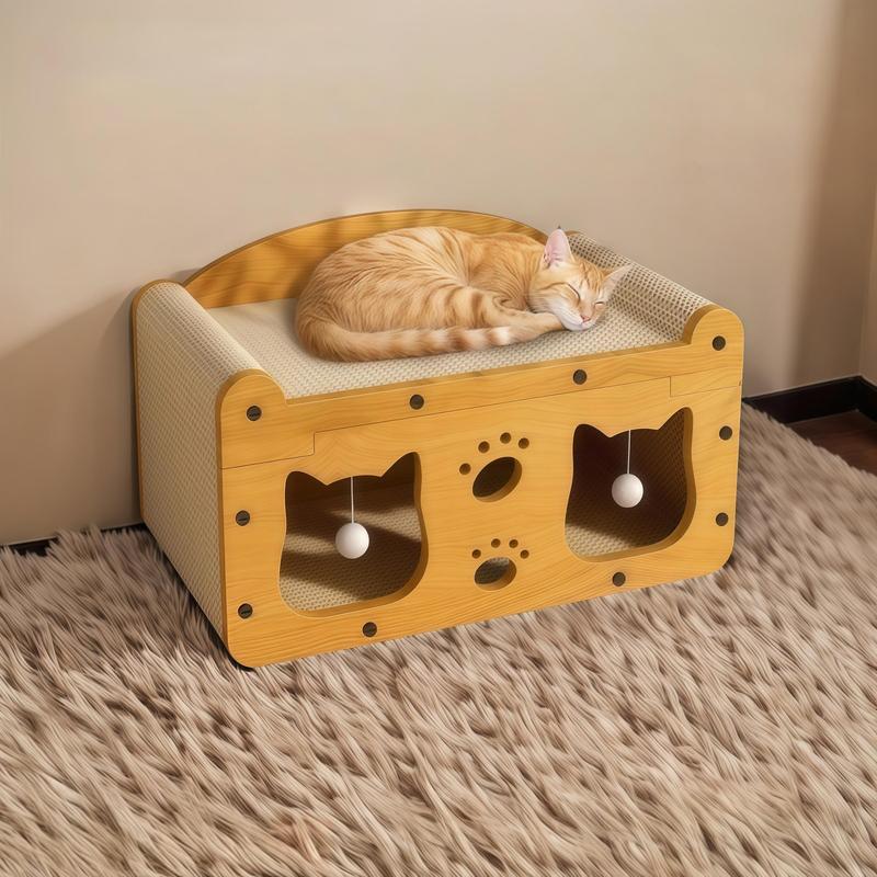 Two-in-One Cat Scratcher Bed – Cozy House + Hanging Toys, Quick Assembly