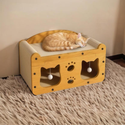Two-in-One Cat Scratcher Bed – Cozy House + Hanging Toys, Quick Assembly
