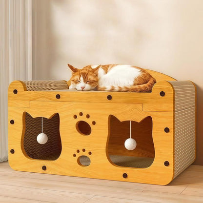 Two-in-One Cat Scratcher Bed – Cozy House + Hanging Toys, Quick Assembly