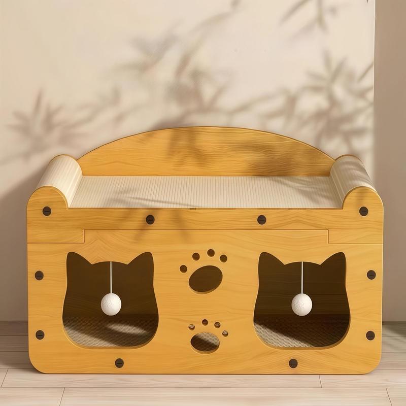 Two-in-One Cat Scratcher Bed – Cozy House + Hanging Toys, Quick Assembly