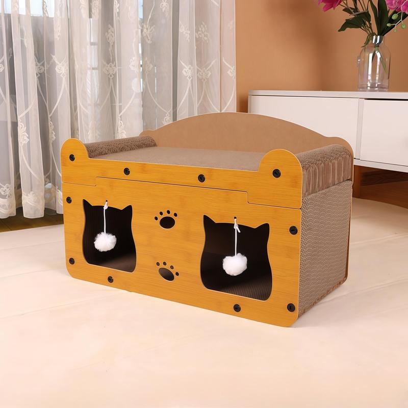 Two-in-One Cat Scratcher Bed – Cozy House + Hanging Toys, Quick Assembly