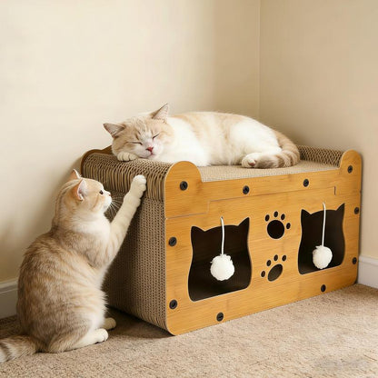 Two-in-One Cat Scratcher Bed – Cozy House + Hanging Toys, Quick Assembly